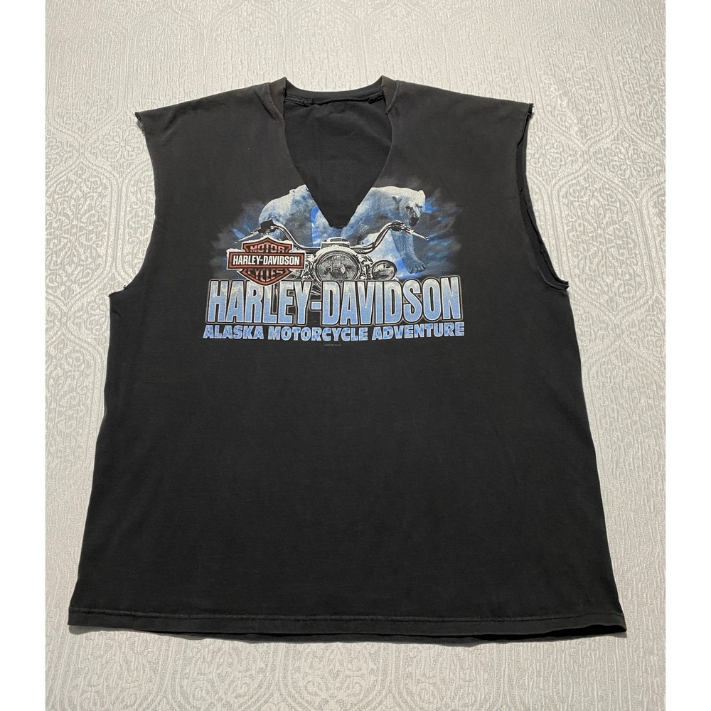 Harley Davidson Alaska Motorcycle Sleeveless THRASHED Tee Black 2006 Soldotna XL
